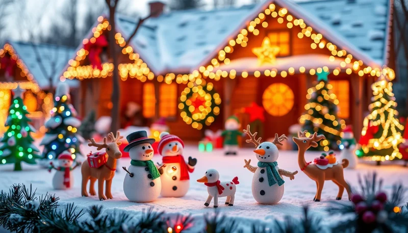 A festive Christmas scene with snowmen, reindeer, and decorated Christmas trees in front of a house adorned with twinkling lights.